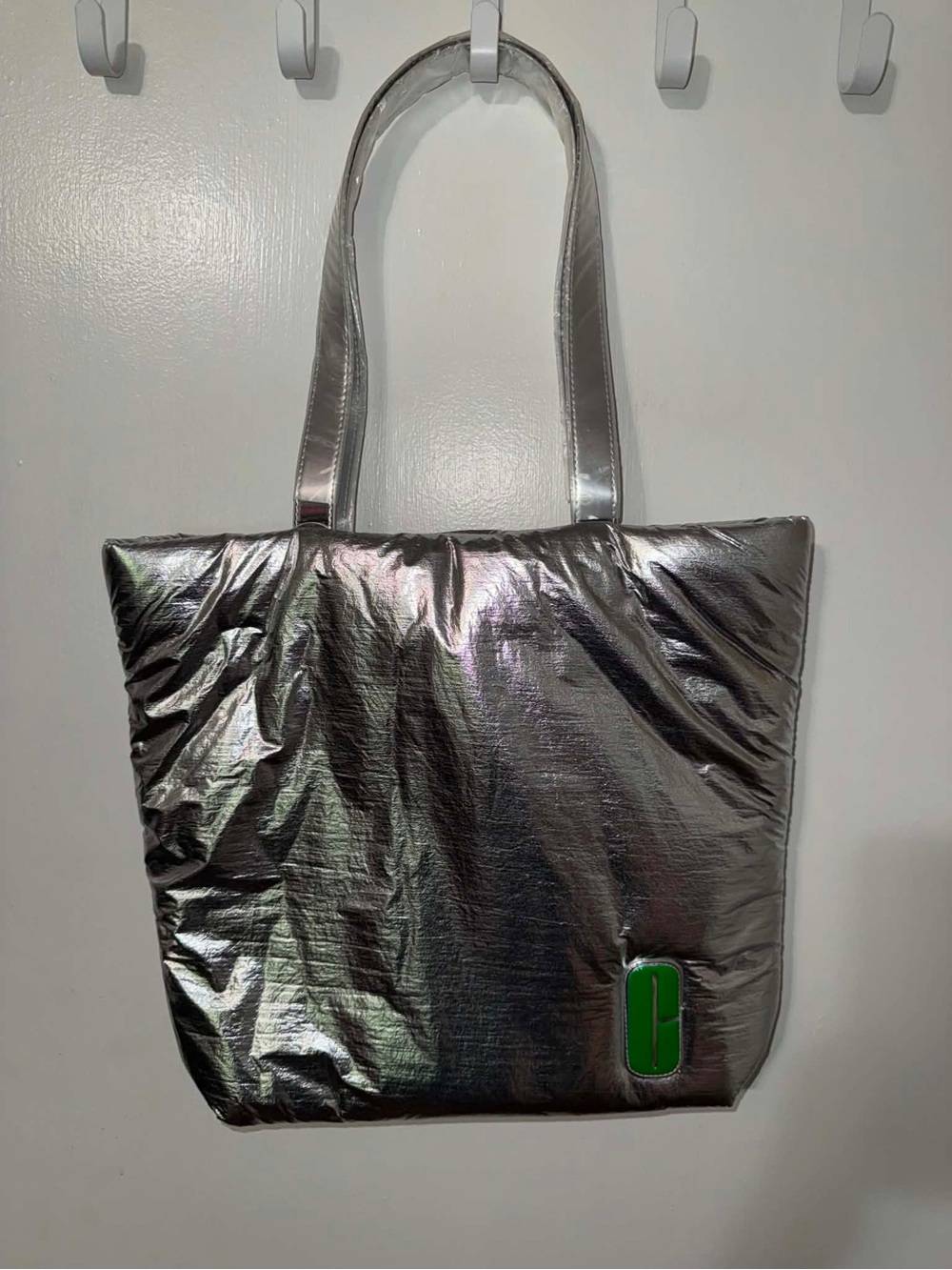 NWT Clinique Silver Metallic Tote with Green Logo Accent
